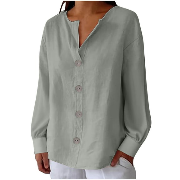 Lenpel Blouses for Women Long Sleeve V Neck Solid Color Button down Shirts Trendy Casual Tops Loose Tunic Tops(Gray,Small)