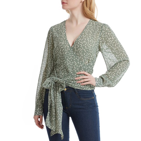 Lenpel Blouses for Women Long Sleeve Wrap Deep V Neck Tie Side Heart Printed Crop Tops See Through Casual Shirts(Green,Medium)