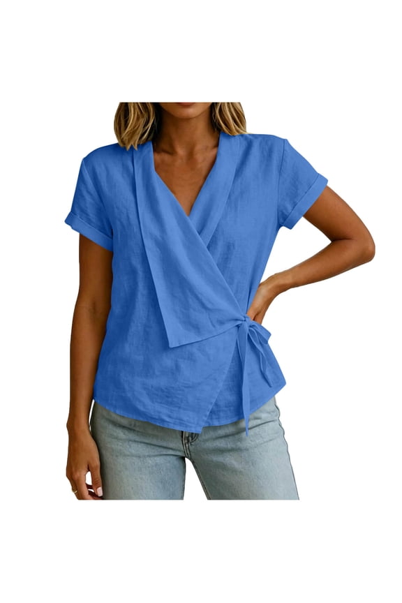 Blouses for Women Rolled Short Sleeve Collared Crossover V Neck Pleated Tie Side Shirts Casual Summer Tops