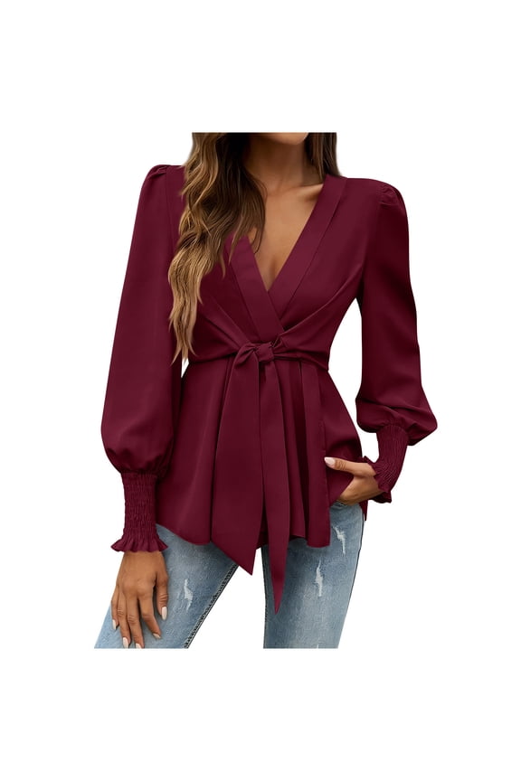 Blouses for Women Ruffle Lantern Long Sleeve Cross Deep V Neck Pleated Tie Front Tunic Tops Dressy Casual Shirts(Wine,Medium)