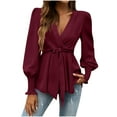 thumbnail image 1 of Lenpel Blouses for Women Ruffle Lantern Long Sleeve Cross Deep V Neck Pleated Tie Front Tunic Tops Dressy Casual Shirts(Wine,X-Large), 1 of 6