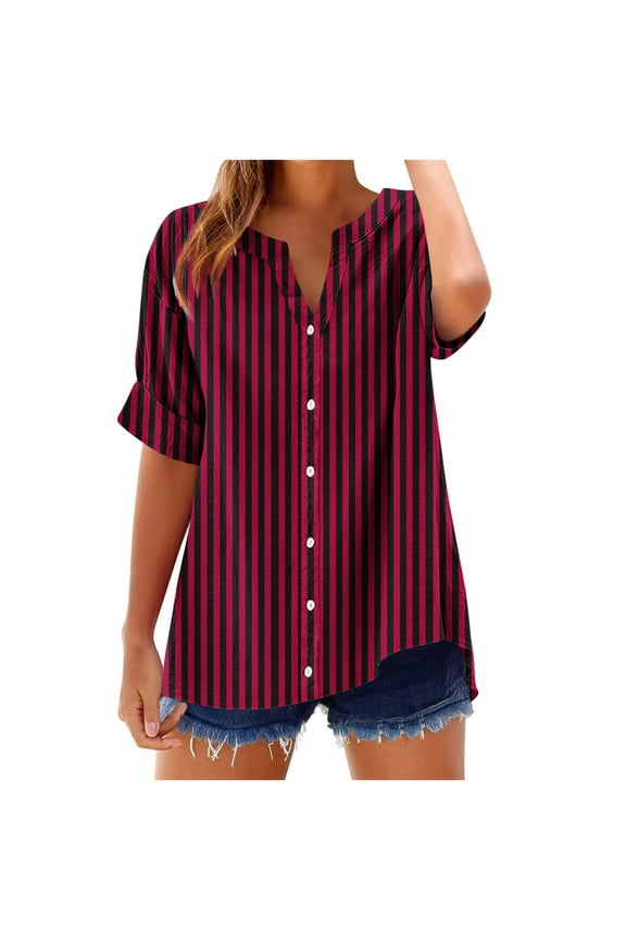 Blouses for Women Short Sleeve V Neck Button Front Striped Loose Tunic Shirts Fashion Summer Spring Tops