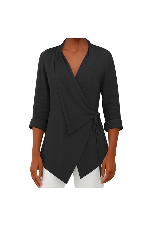 Blouses for Women Trendy Long Sleeve Collared Warp V Neck Tie Side Cotton Linen Tops Casual Tunic Shirts(Black,3X-Large)