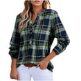 thumbnail image 1 of Lenpel Blouses for Women Trendy Long Sleeve V Neck Quarter Button Plaid Dressy Casual Tops Loose Work Shirts(Blue,Medium), 1 of 7