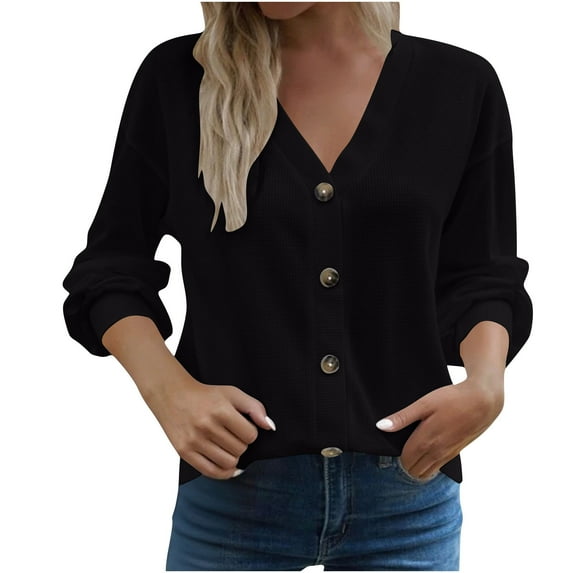 Lenpel Blouses for Women Trendy Long Sleeve V Neck Solid Color Textured Knit Button down Shirts Soft Casual Tops(Black,Small)