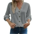 thumbnail image 1 of Lenpel Blouses for Women Trendy Long Sleeve V Neck Solid Color Textured Knit Button down Shirts Soft Casual Tops(Gray,Medium), 1 of 7