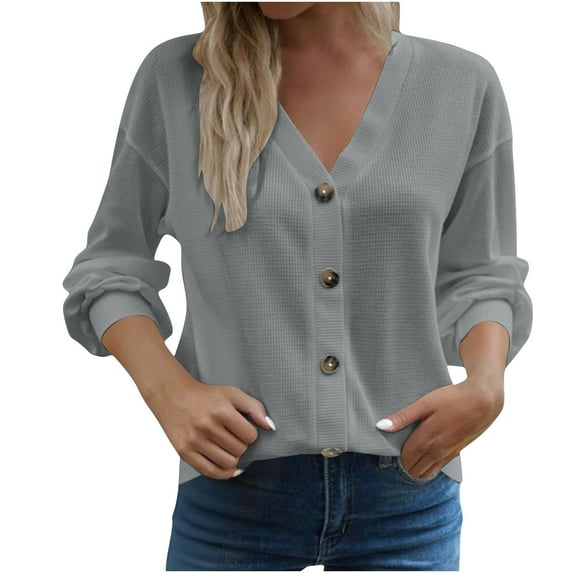 Lenpel Blouses for Women Trendy Long Sleeve V Neck Solid Color Textured Knit Button down Shirts Soft Casual Tops(Gray,Medium)