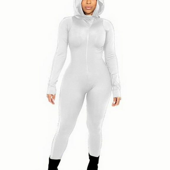Lenpel Bodysuits for Women Zip up Hooded Long Sleeve Solid Color Workout Jumpsuits Slim Full Length Rompers