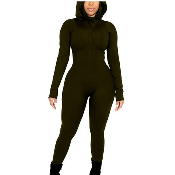 Lenpel Bodysuits for Women Zip up Hooded Long Sleeve Solid Color Workout Jumpsuits Slim Full Length Rompers