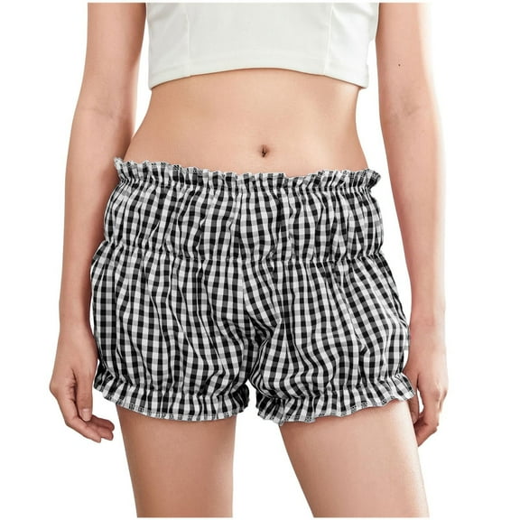 Lenpel Boxer Shorts for Women Summer Casual Ruffle Plaid Low Rise Mini Sleep Lounge Shorts Pajama Bottoms