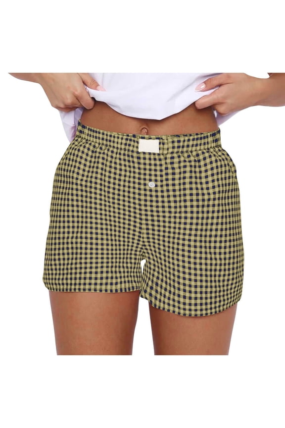 Boxer Shorts for Women Summer Elastic High Waisted Plaid Sleep Lounge Shorts Casual Beach Shorts