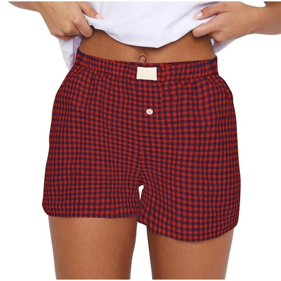 Lenpel Boxer Shorts for Women Summer Elastic High Waisted Plaid Sleep Lounge Shorts Casual Beach Shorts