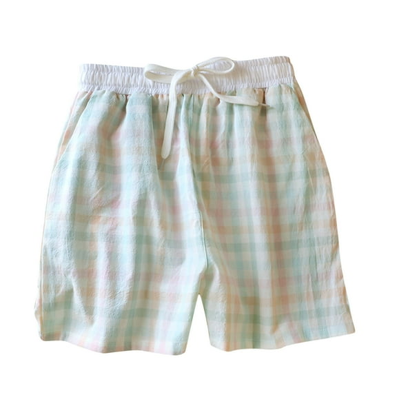 Lenpel Boxer Shorts for Women Soft Cotton Elastic Waist Drawstring Plaid Sleep Lounge Shorts Summer Casual Beach Bottoms