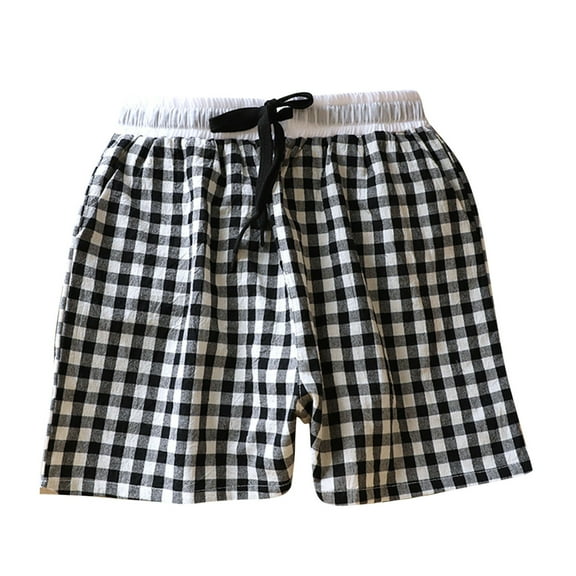 Lenpel Boxer Shorts for Women Soft Cotton Elastic Waist Drawstring Plaid Sleep Lounge Shorts Summer Casual Beach Bottoms
