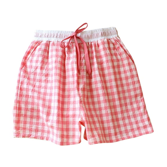 Lenpel Boxer Shorts for Women Soft Cotton Elastic Waist Drawstring Plaid Sleep Lounge Shorts Summer Casual Beach Bottoms