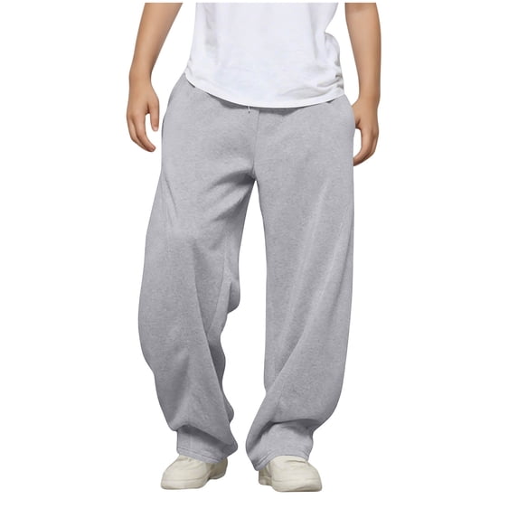 Lenpel Boys Baggy Sweatpants Wide Leg Elastic Waist Kids Trousers Fashion Drawstring Casual Solid Color Warm Pants(Gray,14-15Years)