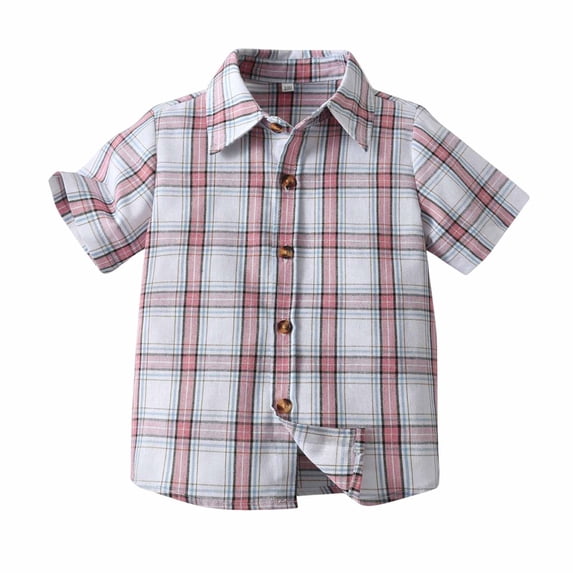 Lenpel Boys' Button down Shirts Toddler Short Sleeve Collared Plaid Shirts Summer Casual Formal Tops 3-9 Y