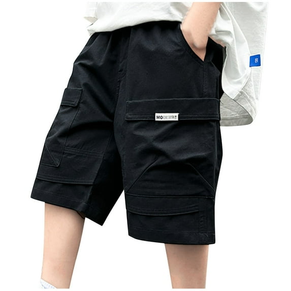 Lenpel Boys' Cargo Shorts Summer Casual Solid Color Knee Length Shorts Travel Hiking Shorts with Pockets for Children 5-16 Y