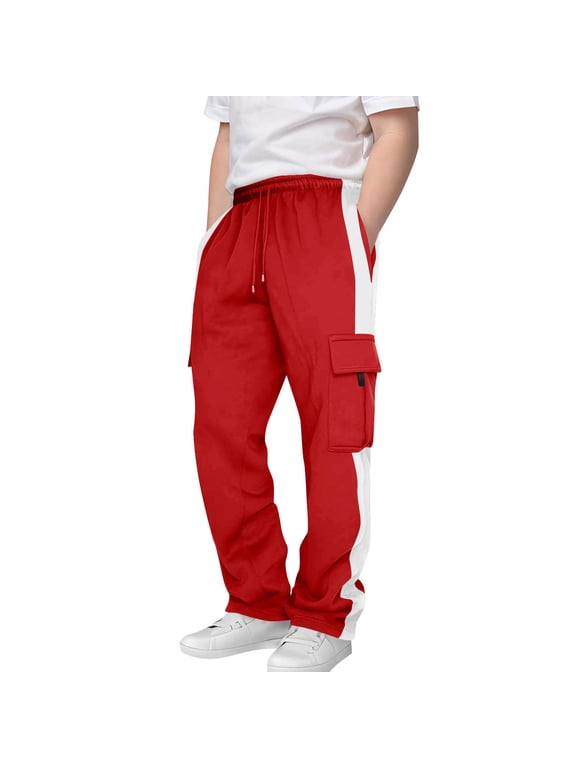 Boys' Cargo Sweatpants Elastic Waist Drawstring Color Block Straight Leg Athletic Pants Children Casual Trousers with Pockets(Red,13-14 Years)
