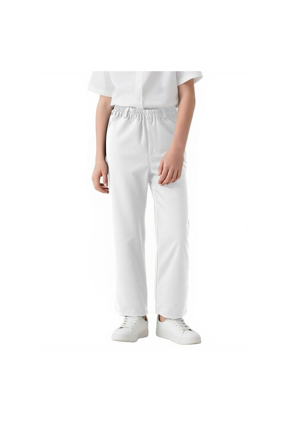 Boys' Dress Pants Elastic Waist Straight Leg Pull on Pants Twill Casual Trousers with Pockets for Children 3-18 Y(White,13-14 Years)