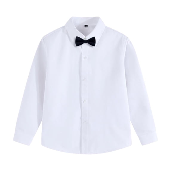 Lenpel Boys' Dress Shirts Long Sleeve Bow Knot Collared Curved Hem Button down Blouses School Casual Formal Tops for Kids(Black,3-4 Years)