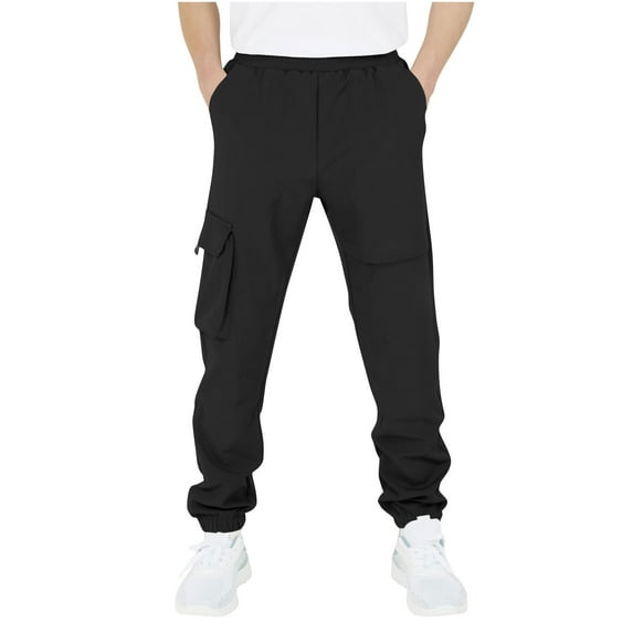 Lenpel Boys Girls' Cargo Pants Unisex Children Elastic Waist Waterproof Travel Hiking Pants Casual Athletic Pants(Black,10-11 Years)