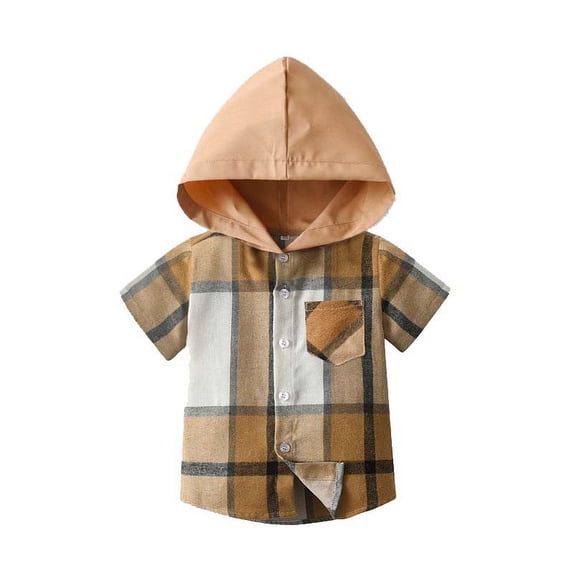 Lenpel Boys Girls' Hooded Shirts Cotton Short Sleeve Plaid Button down Shirts with Pocket Toddler Baby Spring Summer Tops