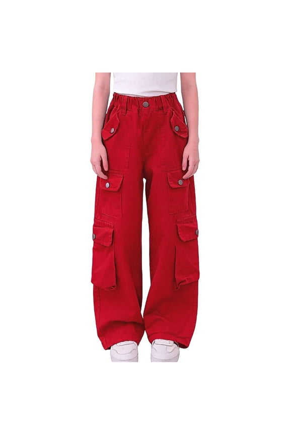 Boys Girls' Jeans Elastic High Waisted Pull on Wide Leg Cargo Pants Baggy Casual Pants with Pockets for Kids(Red,9-10 Years)