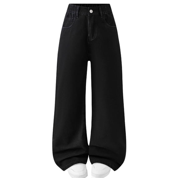 Lenpel Boys Girls' Jeans Elastic High Waisted Wide Leg Denim Pants Baggy Casual Pants with Pockets for Kids(Black,6-7 Years)