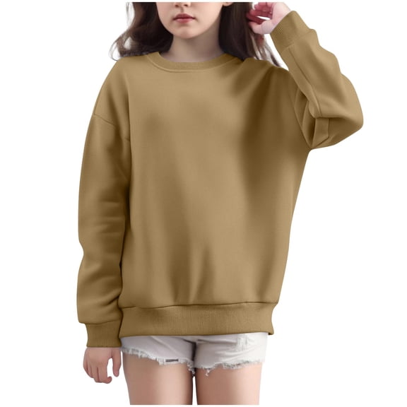 Lenpel Boys Girls' Sweatshirts Cotton Long Sleeve Crew Neck Casual Loose Pullover Tops Unisex Children Sweatshirts(Khaki,9-10 Years)