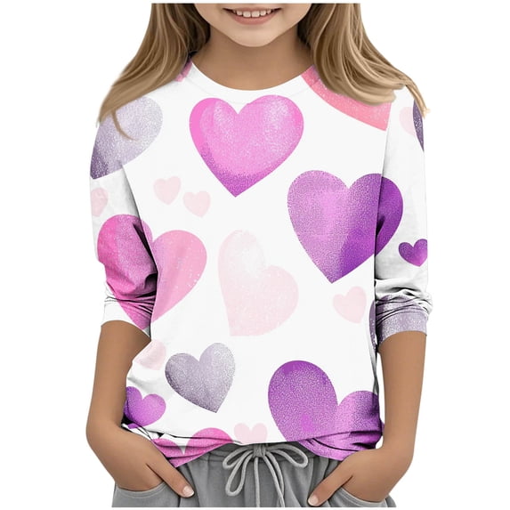 Lenpel Boys Girls' Valentine's Day T-Shirts 3/4 Sleeve Crew Neck Heart Printed Blouses Children Graphic Tee Tops(Multicolor,12-13 Years)