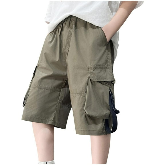 Lenpel Boys' Hiking Cargo Shorts Elastic Waist Wide Leg Outdoor Athletic Knee Length Shorts Summer Casual Shorts with Pockets