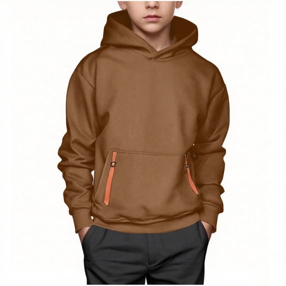 Lenpel Boys' Hoodies Casual Loose Long Sleeve Hooded Sweatshirts Pullover Sweatshirt Tops with Pocket for 4-15 Years(Brown,12-13 Years)