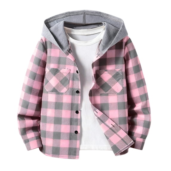 Lenpel Boys' Plaid Shackets Children Lightweight Long Sleeve Curved Hem Button down Hoodies Soft Casual Shirt Jackets(Orange,14-15 Years)