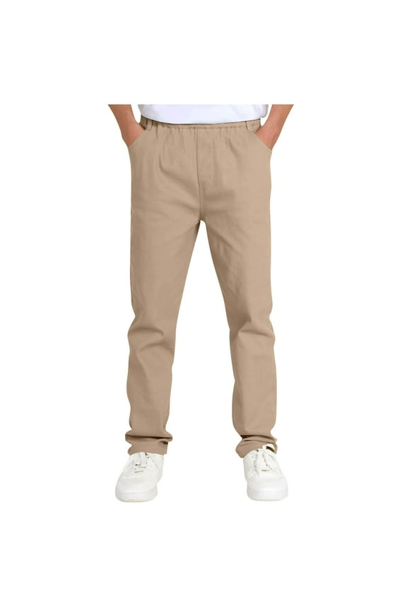 Boys' School Pants Children Elastic Waist Solid Color Pull on Pants Performance Active Casual Trousers with Pockets(Khaki,13-14 Years)