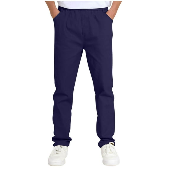 Lenpel Boys' School Pants Children Elastic Waist Solid Color Pull on Pants Performance Active Casual Trousers with Pockets(Navy,5-6 Years)