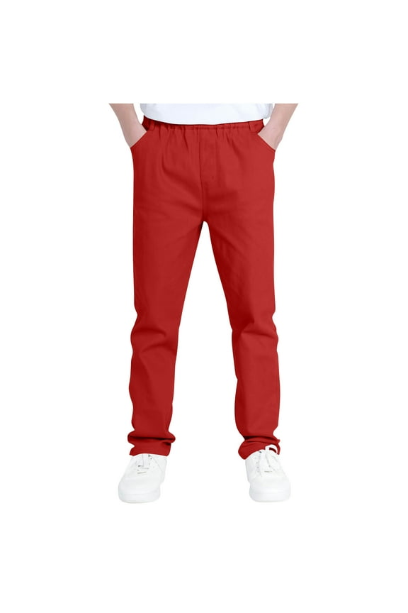 Boys' School Pants Elastic High Waisted Straight Leg Pull on Pants Children Athletic Casual Trousers with Pockets(Red,6-7 Years)