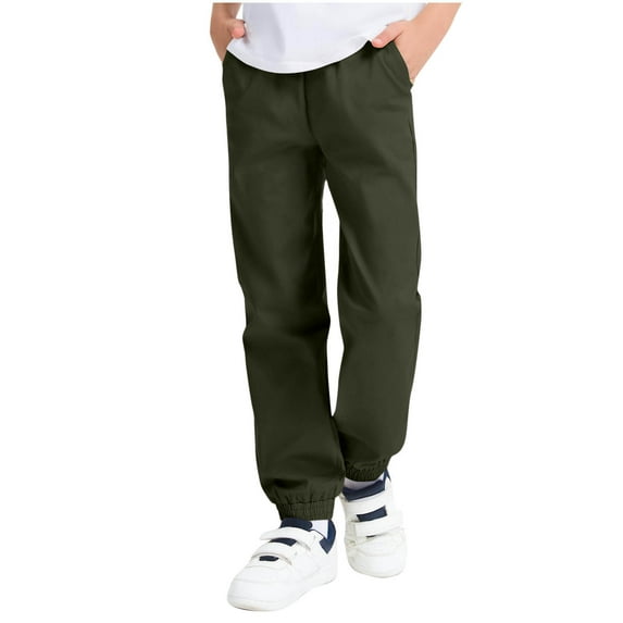 Lenpel Boys' Sweatpants Cotton Elastic Waist Drawstring Athletic Casual Jogger Pants Children Active Workout Pants with Pockets(Army Green,6-7 Years)