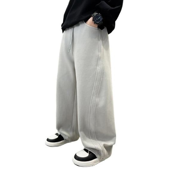 Lenpel Boys' Sweatpants Cotton Elastic Waist Drawstring Wide Leg Workout Pants Casual Athletic Pants for Kids(Gray,14-15 Years)