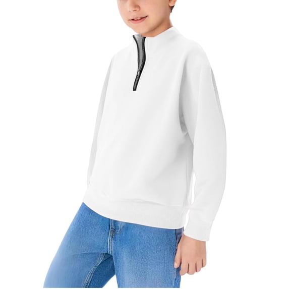 Lenpel Boys' Sweatshirts Casual Quarter Zip Collared Long Sleeve Pullover Sweatshirt Tops Fall Winter Clothes for Kids(White,5-6 Years)