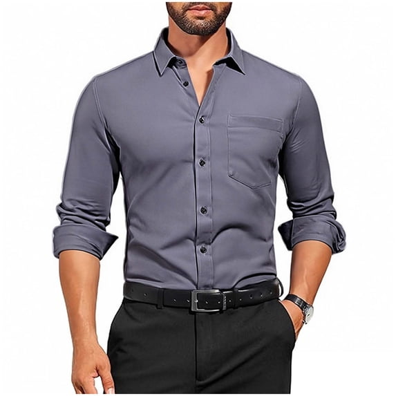 Lenpel Button down Shirts for Men Dressy Casual Long Sleeve Collared Work Tops with Pocket Business Office Shirts(Dark Gray bb2,Large)