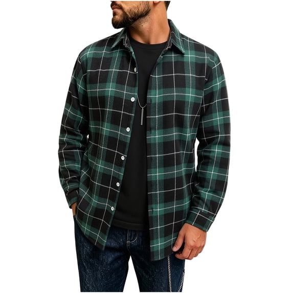 Lenpel Button down Shirts for Men Fall Plaid Dressy Casual Collared Long Sleeve Shirts Comfy Business Office Tops(Green,Small)