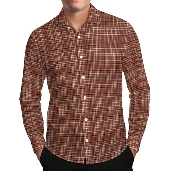 Lenpel Button down Shirts for Men Plaid Fall Collared Long Sleeve Dress Shirts Curved Hem Business Casual Work Tops(Coffee dd4,X-Large)