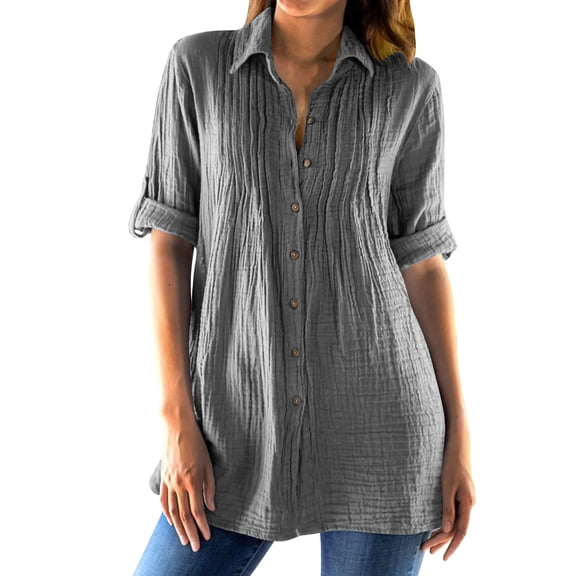 Lenpel Button down Shirts for Women 3/4 Length Sleeve Collared Pleated Oversized Tunic Tops Loose Casual Blouses