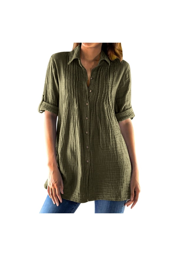 Button down Shirts for Women 3/4 Length Sleeve Collared Pleated Oversized Tunic Tops Loose Casual Blouses