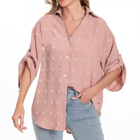 Lenpel Button down Shirts for Women Cotton 3/4 Sleeve Collared Curved Hem Embroidered Oversized Tunic Tops Loose Fit Blouses