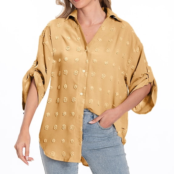 Lenpel Button down Shirts for Women Cotton 3/4 Sleeve Collared Curved Hem Embroidered Oversized Tunic Tops Loose Fit Blouses