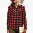 thumbnail image 1 of Lenpel Button down Shirts for Women Cotton Long Sleeve Collared Curved Hem Plaid Dressy Casual Blouses Soft Work Tops with Pockets(Red,X-Large), 1 of 5