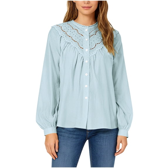 Lenpel Button down Shirts for Women Cotton Long Sleeve Mock Neck Pleated Lace Hollow out Tops Dressy Casual Blouses(Blue,X-Large)