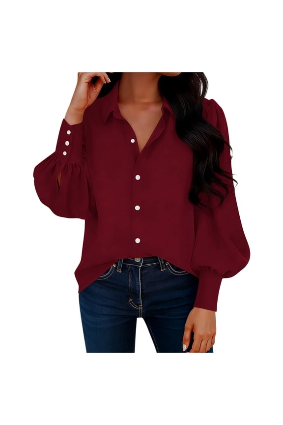 Button down Shirts for Women Lantern Long Sleeve Pleated Curved Hem Collared Blouses Business Casual Work Tops(Wine,XX-Large)